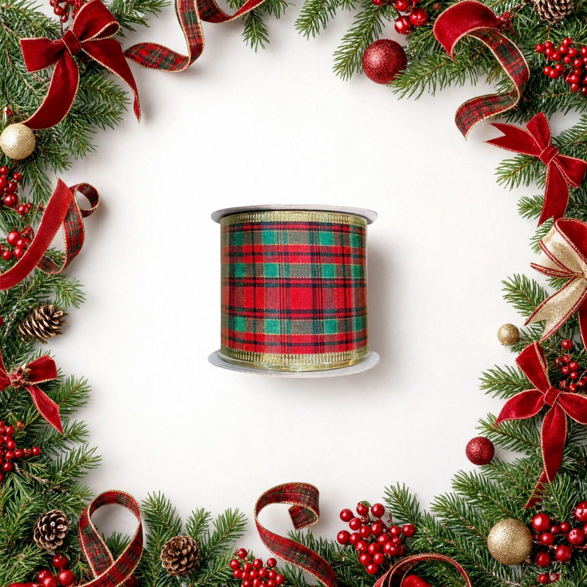 Christmas Tartan Wired Ribbon Roll Gold Edge Gift Wrap
