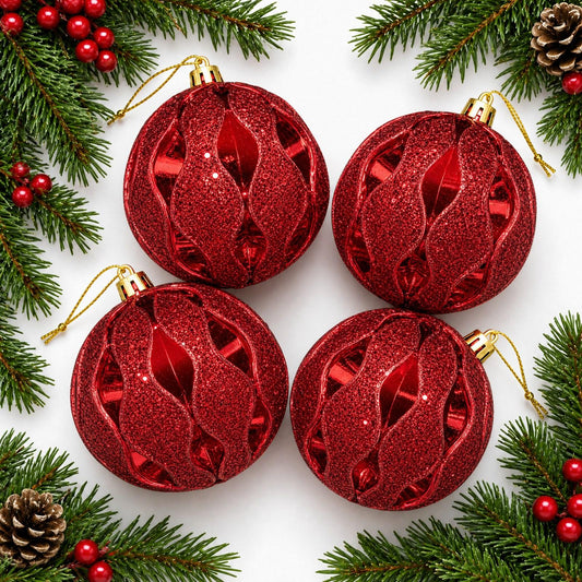 Christmas Tree Baubles 4-Pack Glossy Glitter Ornaments