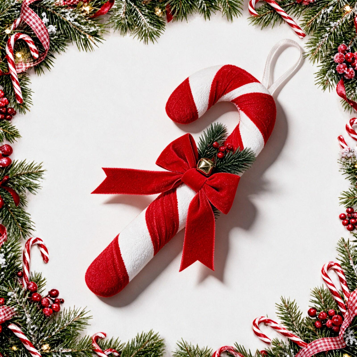 Hanging Plush Candy Cane Christmas Ornament with Velvet Bow