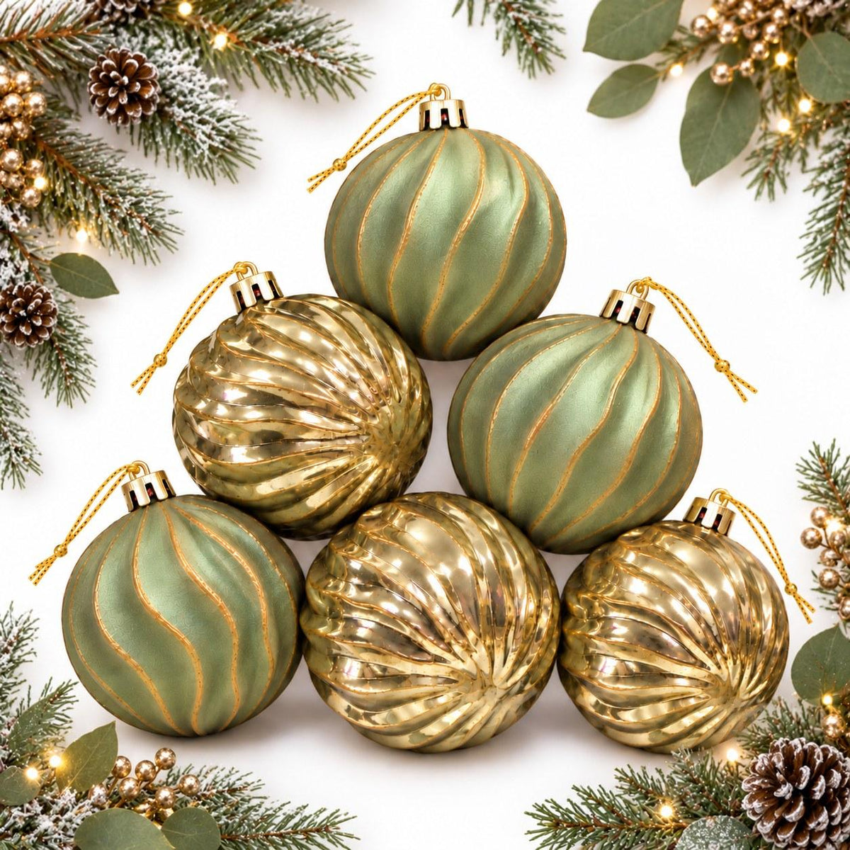 Christmas Tree Baubles 6-Pack Ribbed Matte & Gloss Ornaments