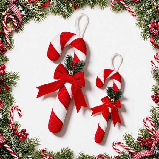 Hanging Plush Candy Cane Christmas Ornament with Velvet Bow