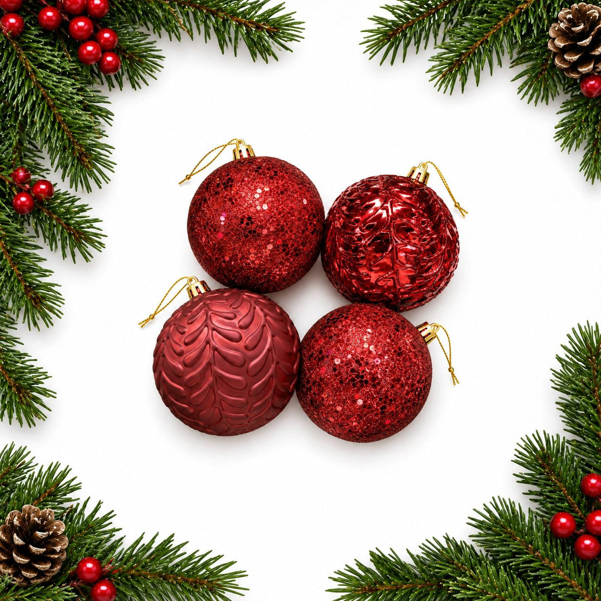 Christmas Tree Baubles 4-Pack Glitter & Embossed Ornaments