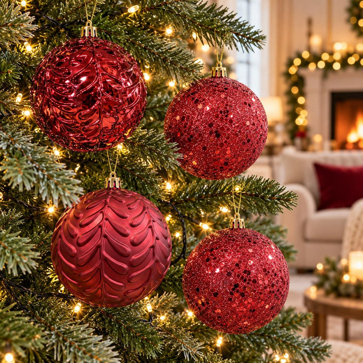 Christmas Tree Baubles 4-Pack Glitter & Embossed Ornaments
