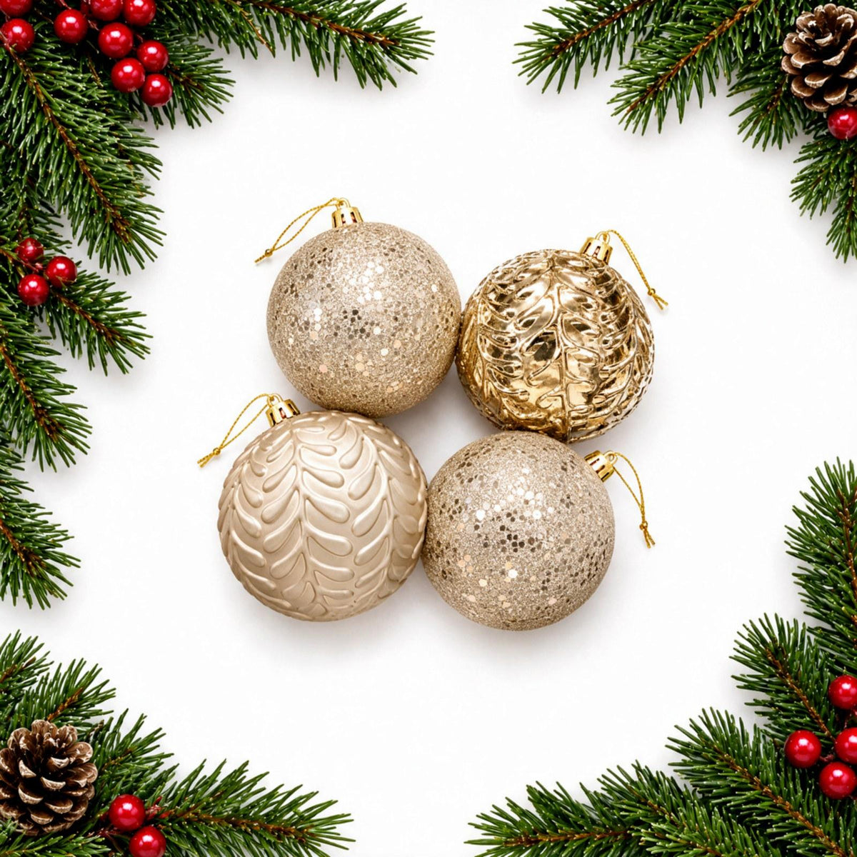 Christmas Tree Baubles 4-Pack Glitter & Embossed Ornaments