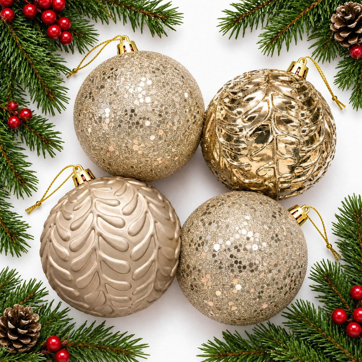 Christmas Tree Baubles 4-Pack Glitter & Embossed Ornaments