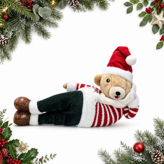 Lying Plush Teddy Bear Christmas Decoration in Santa Hat