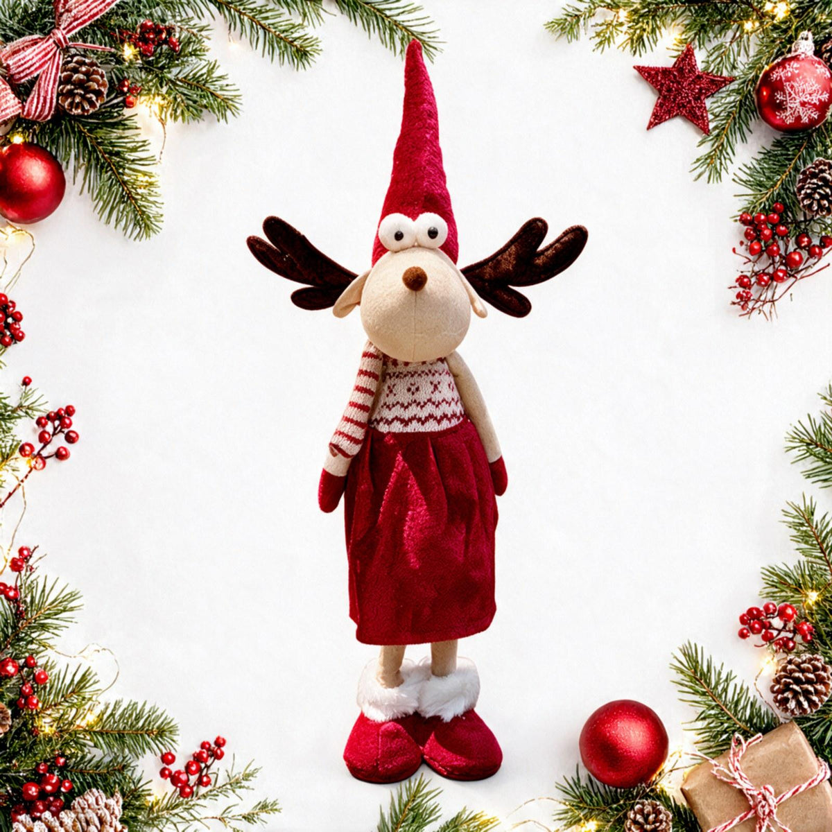 Standing Plush Reindeer Christmas Decoration with Santa Hat