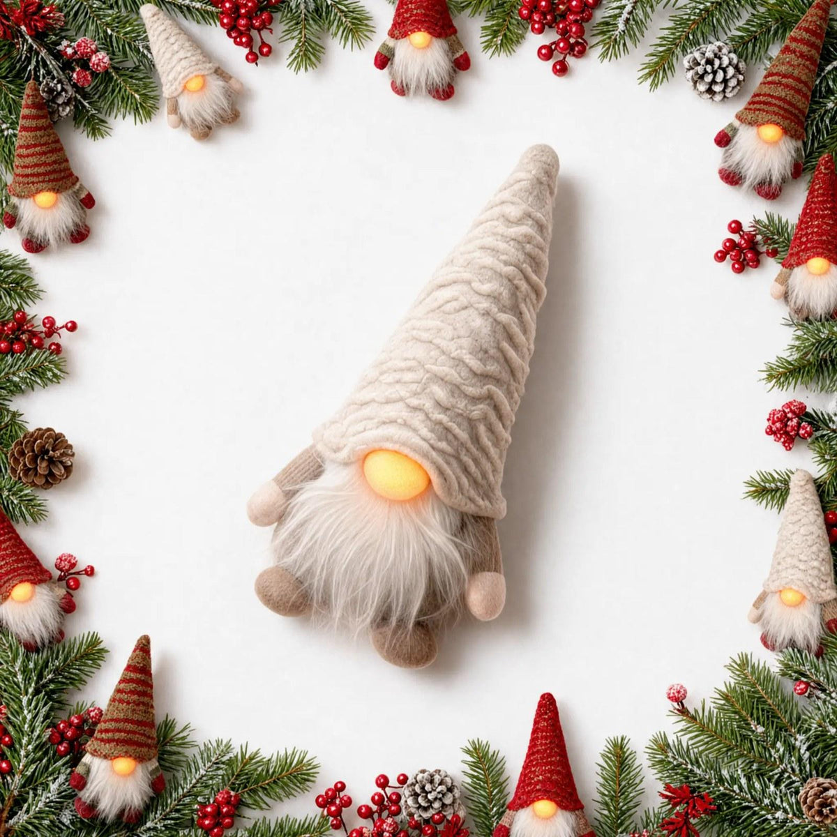 Christmas Gnome Ornament with Light-Up Nose and Fluffy Hat