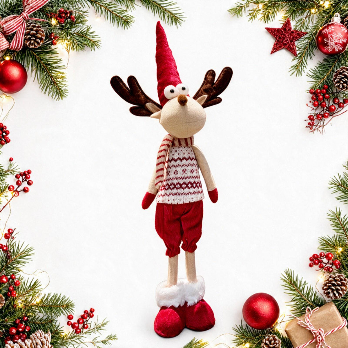 Standing Plush Reindeer Christmas Decoration with Santa Hat