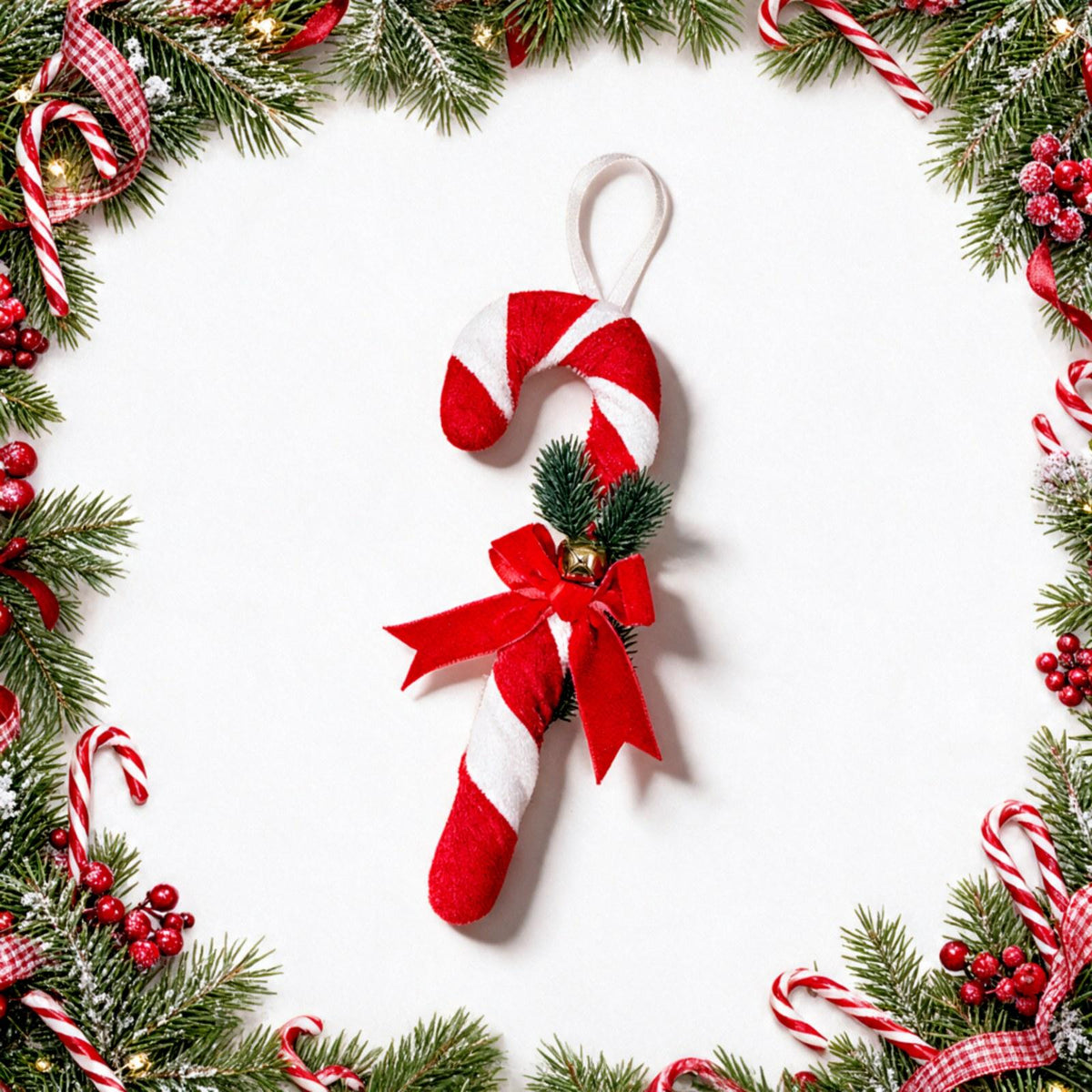 Hanging Plush Candy Cane Christmas Ornament with Velvet Bow