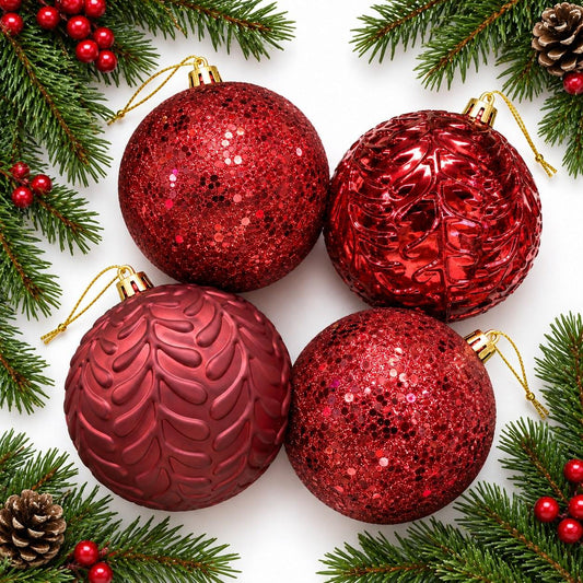 Christmas Tree Baubles 4-Pack Glitter & Embossed Ornaments