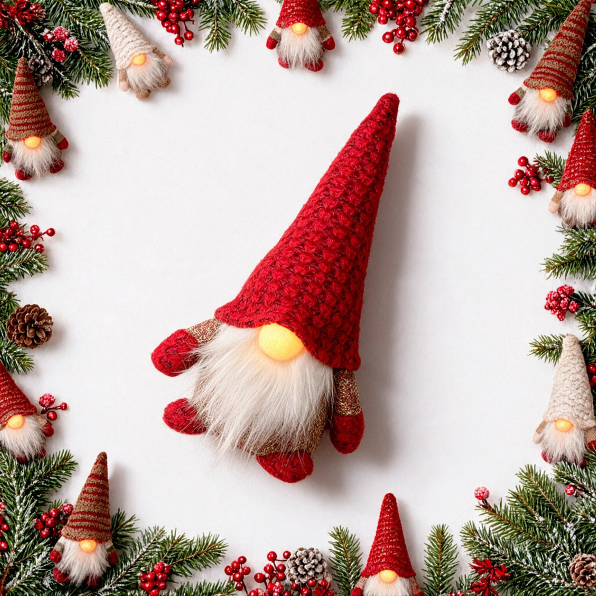 Christmas Gnome Ornament with Light-Up Nose and Fluffy Hat