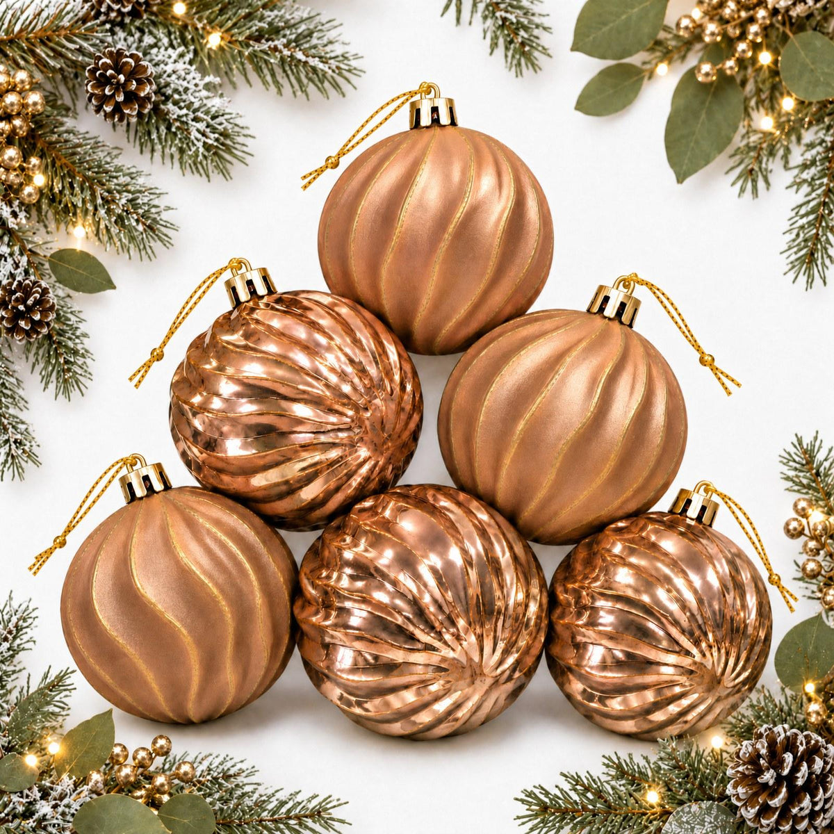 Christmas Tree Baubles 6-Pack Ribbed Matte & Gloss Ornaments