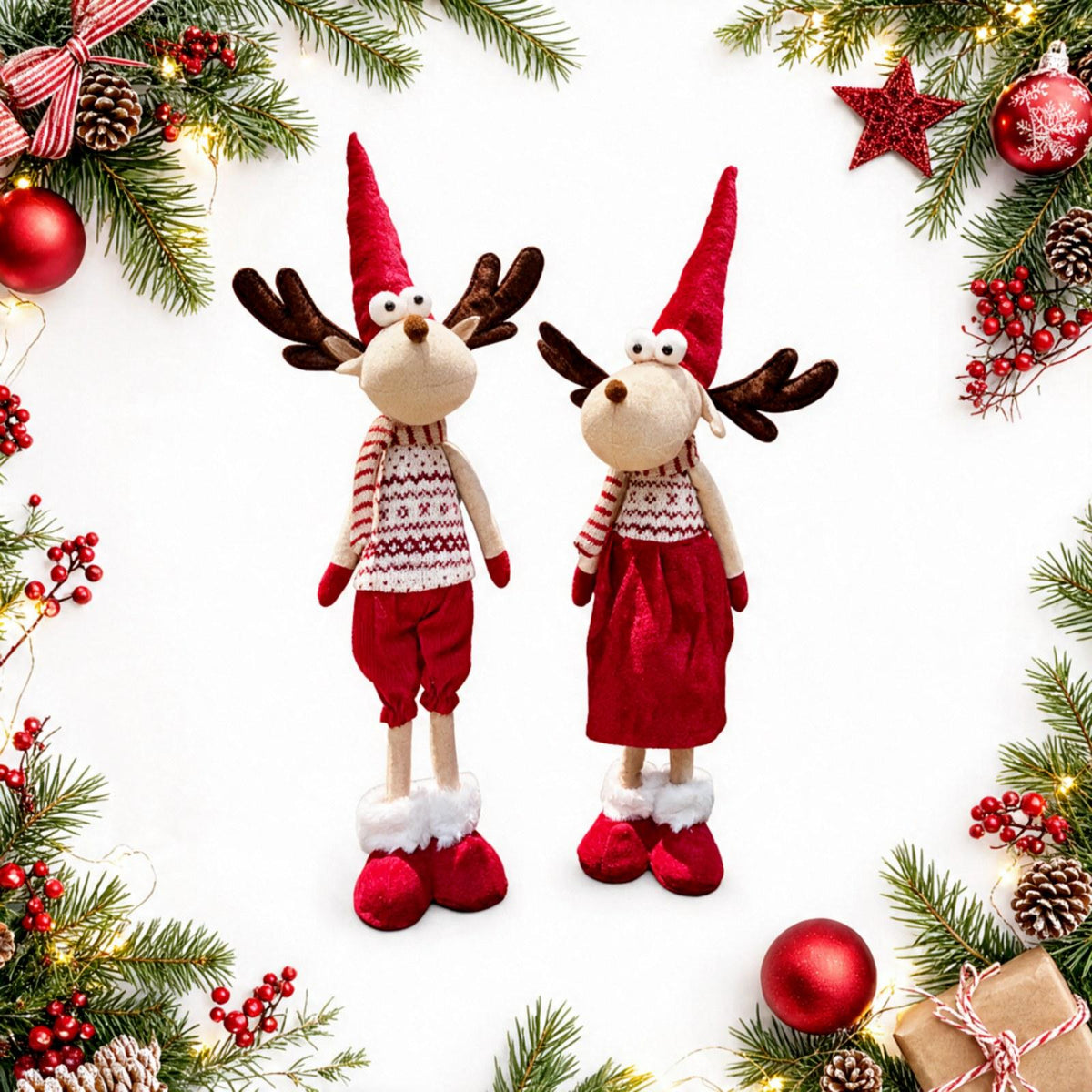 Standing Plush Reindeer Christmas Decoration with Santa Hat
